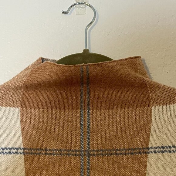 Rachel Zoe Plaid Funnel Neck Sweater Brown Cream Blue Stretch Fit Cozy‎ Large - Picture 3 of 6